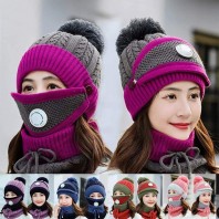 Set 3 Hats Women Winter Beanies Velvet Thick Bib Ear Protector Skulies Beanie Hat Riding Hat Female Warm knitted Wool Cap