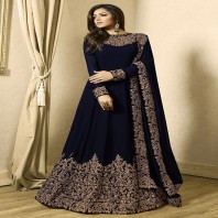 Embroidered Georgette Abaya Style Suit in Navy Blue-dr98