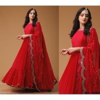 RED HEAVY SCALLOP DUPATTA WITH FRILL ANARKALI AT INDIAN VELVET-1917